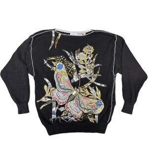 VTG Bonnie Boerer 80s Metallic Butterfly Sweater Black Ramie Cotton Macau L